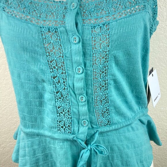 O'Neil Teal Embroidered Lace Trim Peplum Cami Pull String Top Sz S NWT - Picture 16 of 16